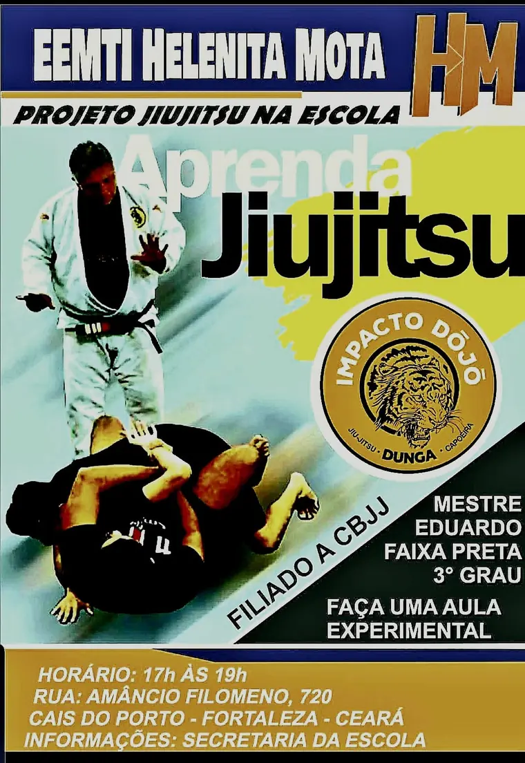 Cartaz do Projeto Jiujitsu na Escola com o emblema do Impacto Dōjō