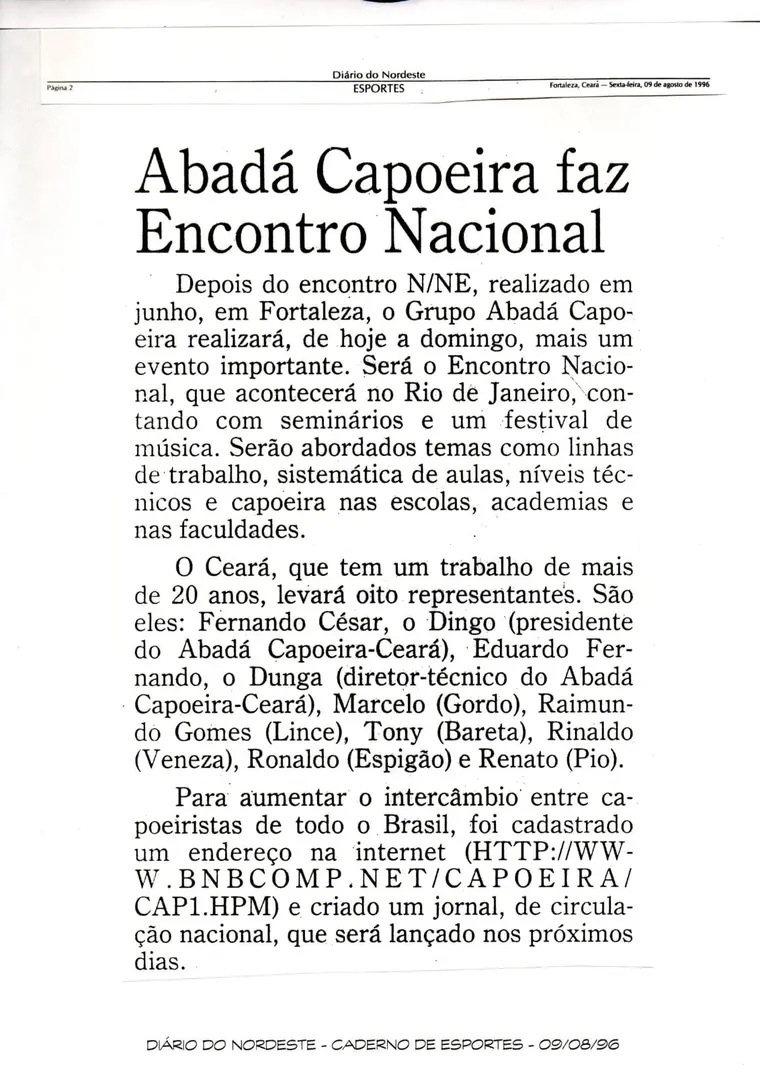 Recorte do Diário do Nordeste de 1996 sobre o Encontro Nacional