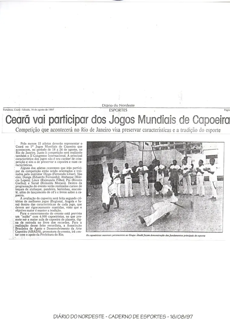 Recorte do Diário do Nordeste de 1997 sobre os Jogos Mundiais de Capoeira