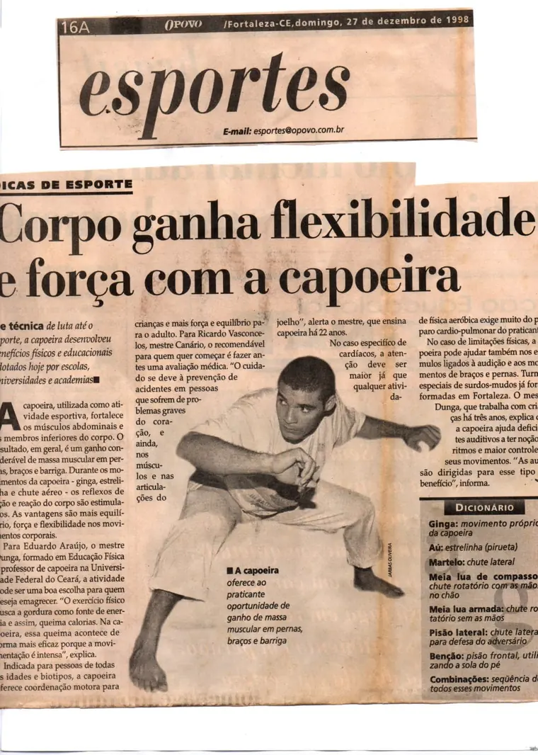 Recorte de O POVO de 1998 sobre os benefícios da capoeira