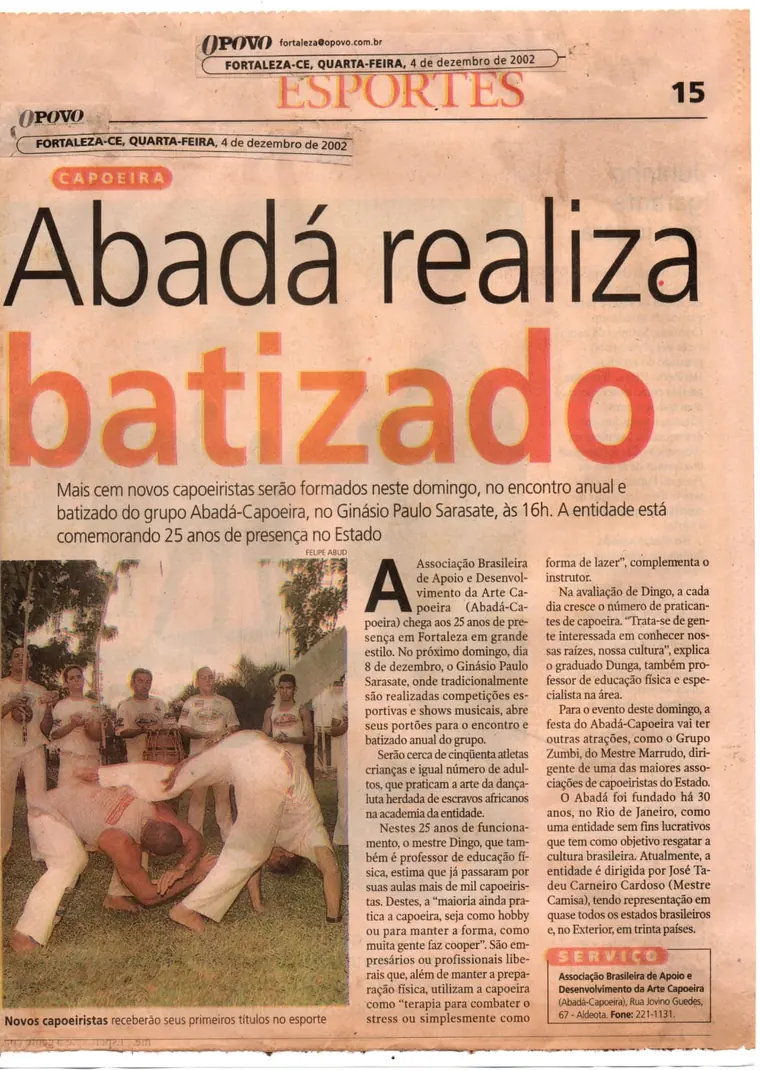 Recorte de O POVO de 2002 sobre o batizado dos 25 anos do Abadá