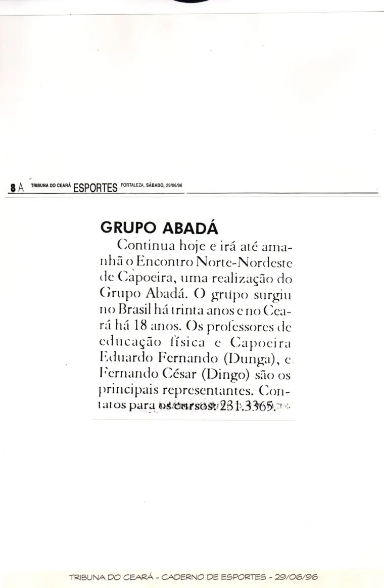 Recorte da Tribuna do Ceará de 1996 sobre o Grupo Abadá